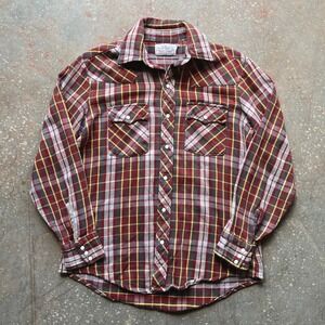 VTG 70s Mr Leggs Triple R Brand Plaid Snap Front Western Shirt Men L Burgundy